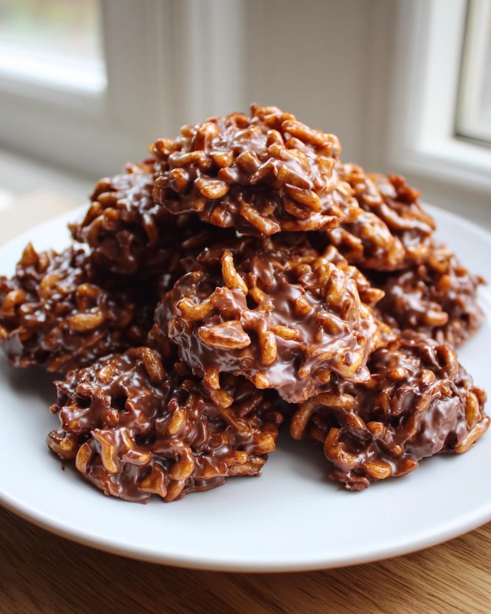 A close-up stack of rich, chocolatey haystack cookies made with chow mein noodles or cereal.
