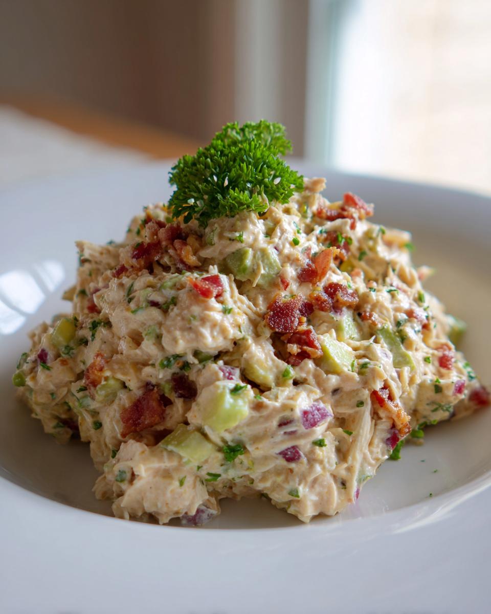A mound of creamy honey mustard chicken salad mixed with celery, red onion, and topped with crispy bacon bits and parsley.