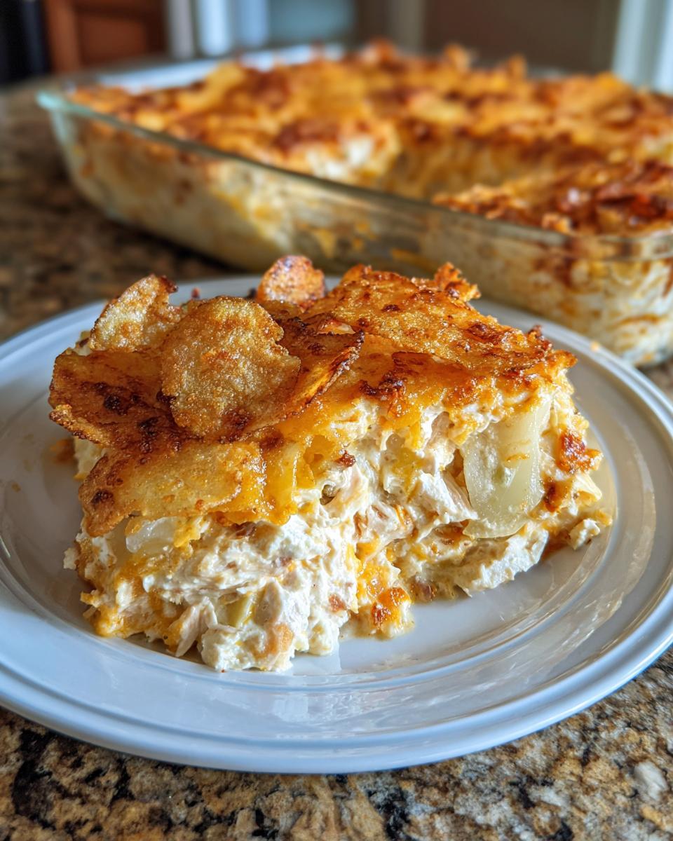 A generous slice of amazing hot chicken salad casserole topped with melted cheese and potato chips on a white plate.