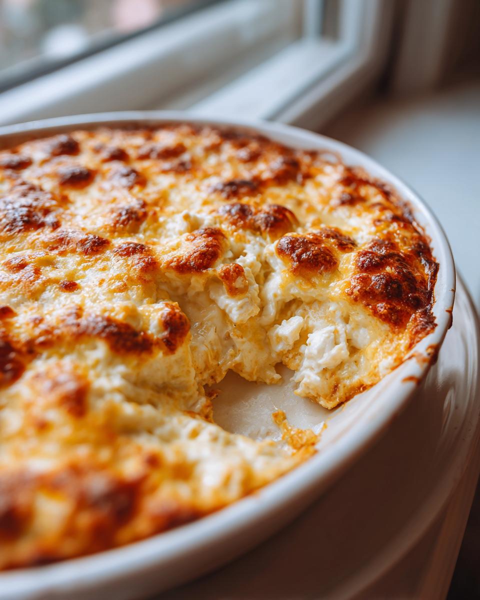 Close-up of a freshly baked hot crab dip in a white dish, showing a scoop removed and a golden, bubbly cheese topping.