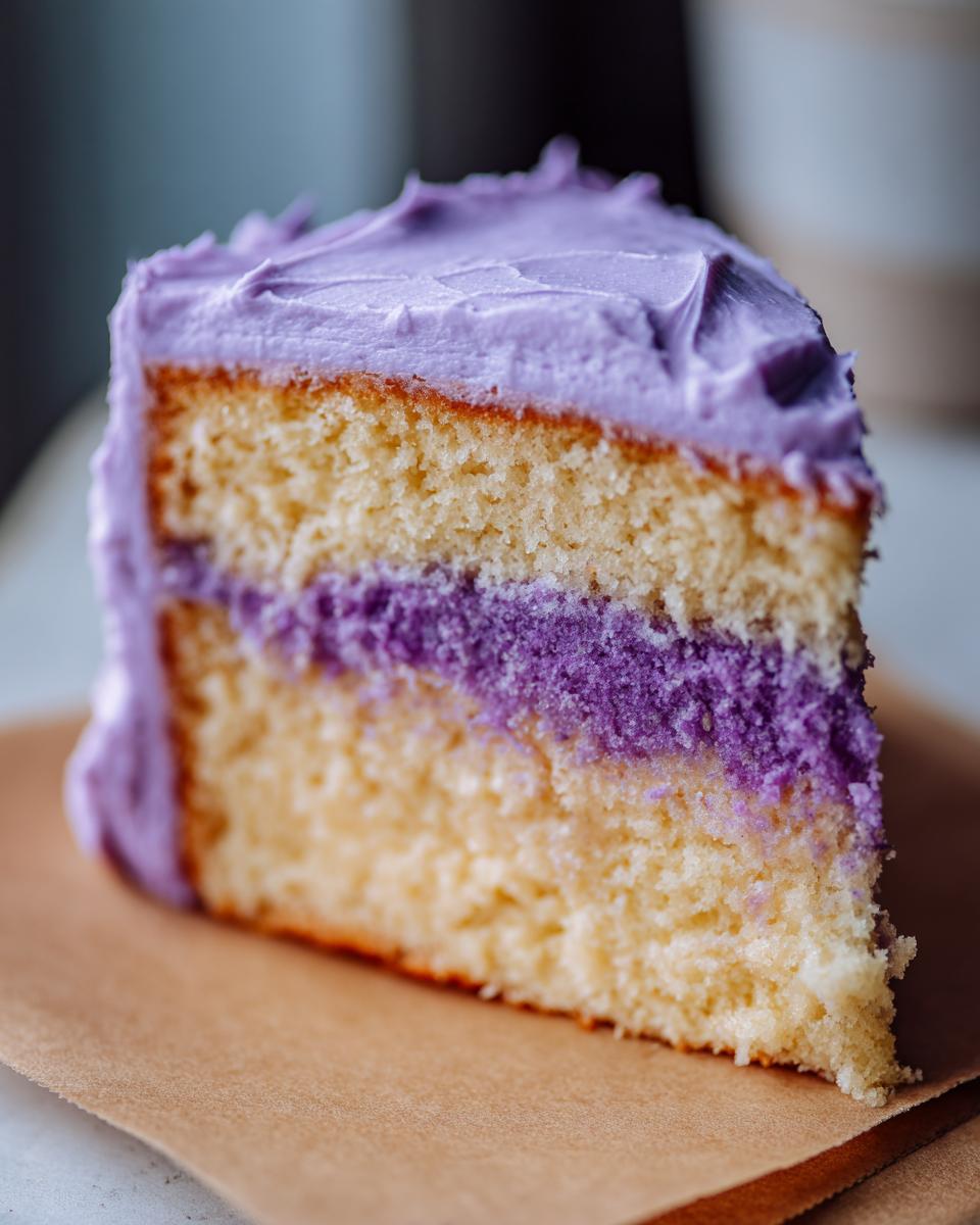 Close-up of a slice of lavender cake showing two yellow layers and a vibrant purple filling/frosting layer.