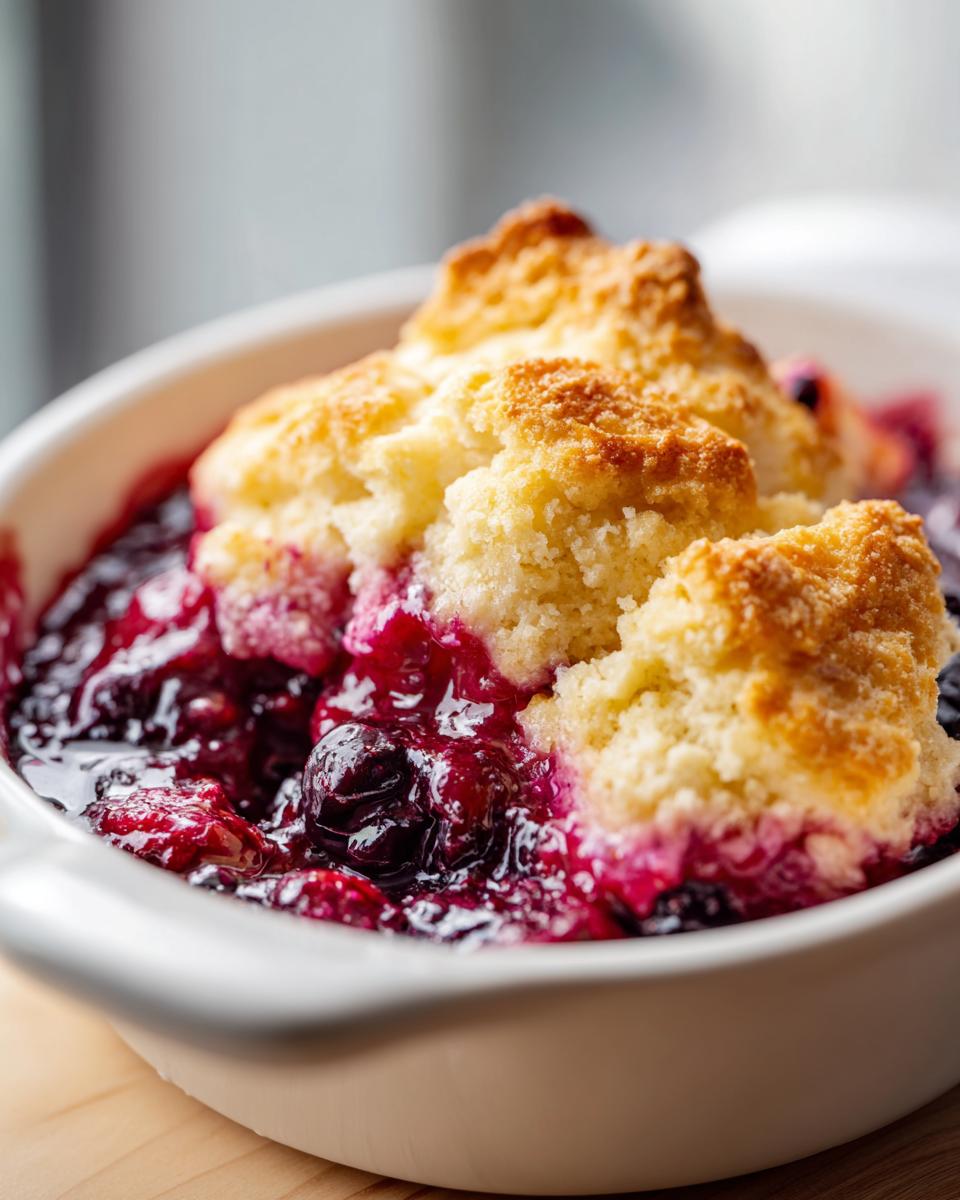A close-up of a bubbling, warm mixed berry cobbler with a golden biscuit topping in a white ramekin.