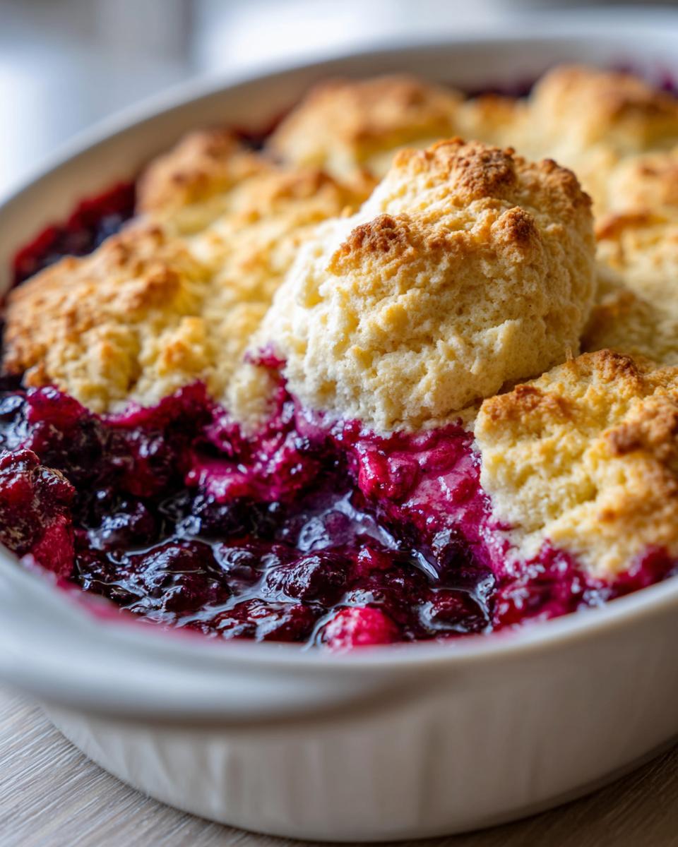 Close-up of bubbling, deep purple mixed berry cobbler filling topped with golden, biscuit-like topping.