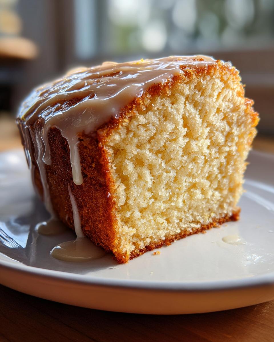 Close-up of a slice of amazing olive oil cake showing its tender crumb and drizzled with a light glaze.