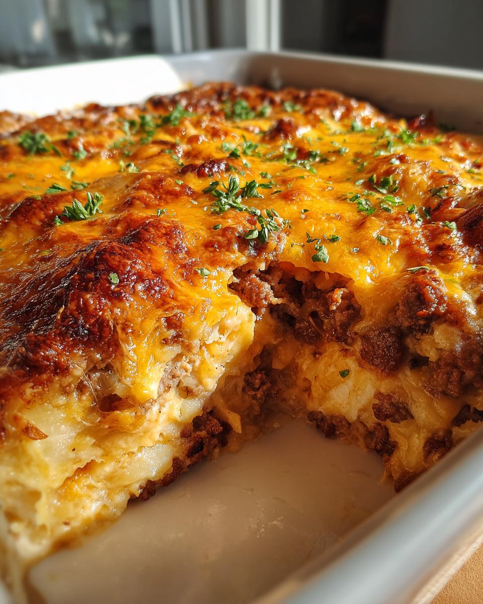 Close-up of a freshly baked pierogi casserole with a thick, browned cheese topping and a visible layer of ground meat and potatoes inside.