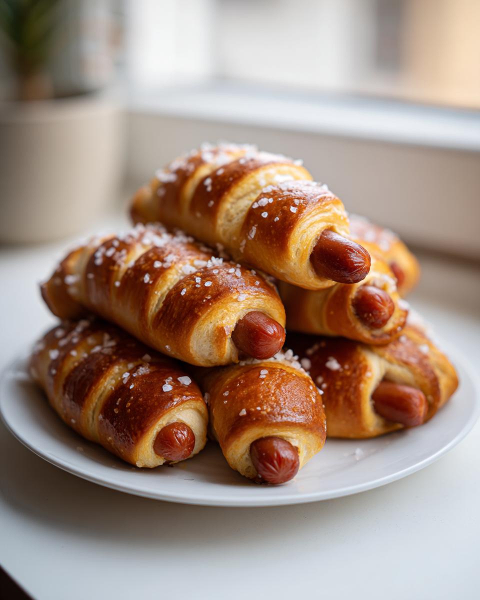 A stack of golden-brown pretzel dogs, sprinkled with coarse salt, piled on a white plate.
