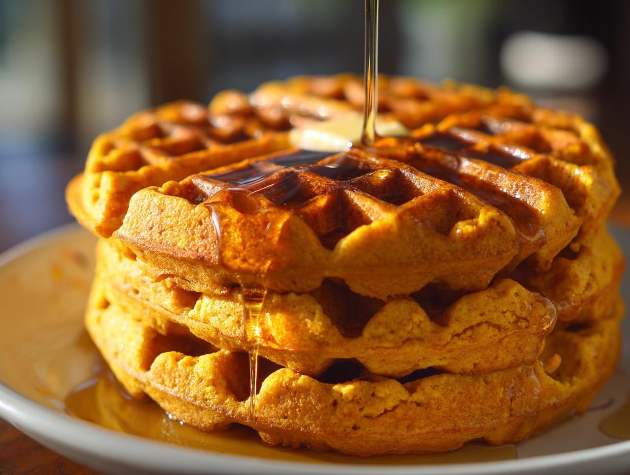 A tall stack of three golden-orange pumpkin waffles being drizzled with syrup and topped with melting butter.
