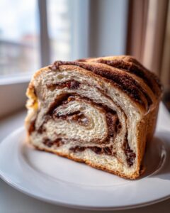 Close-up of a thick slice of homemade raisin bread showing the swirl of cinnamon and raisins, resting on a white plate.
