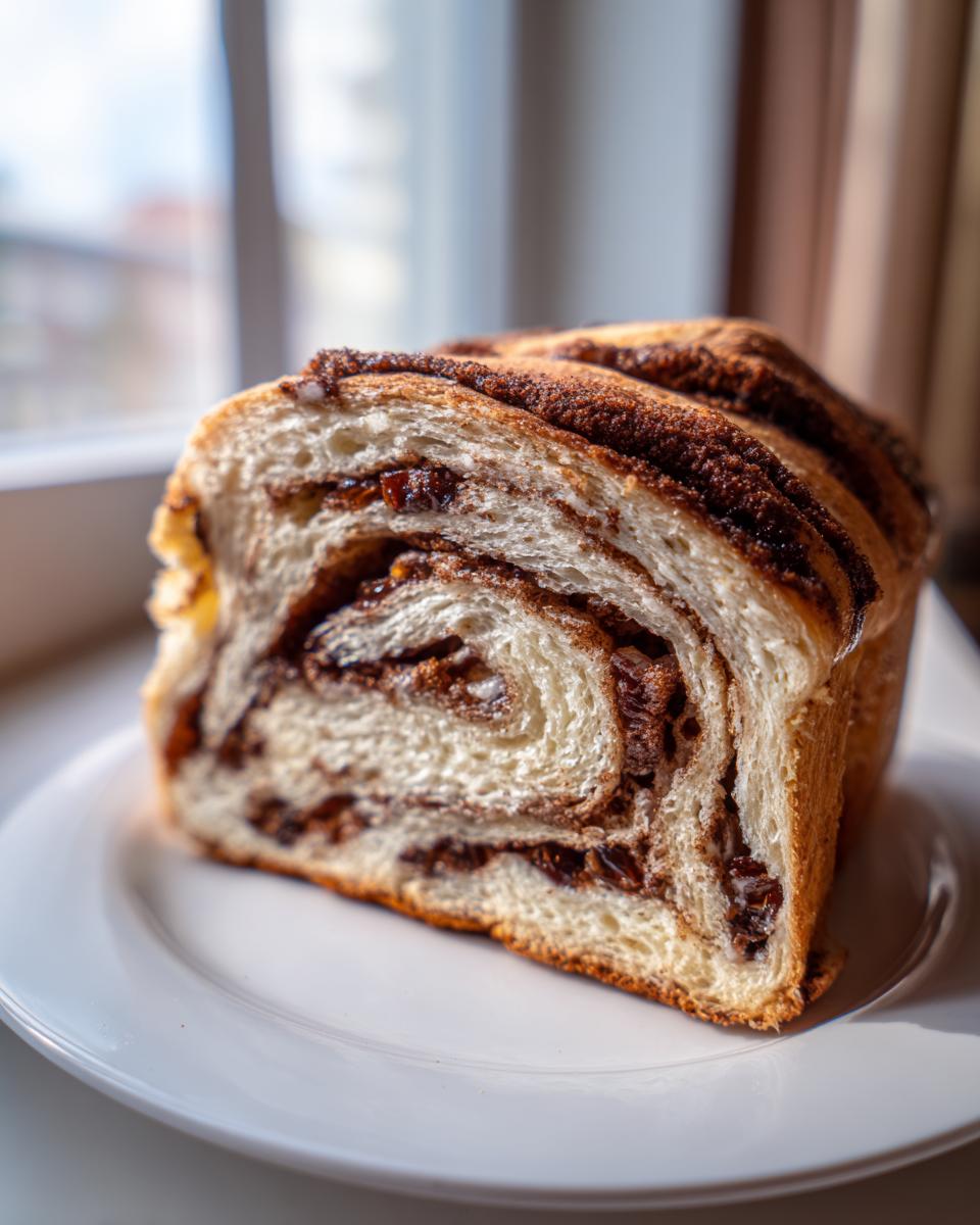 Close-up of a thick slice of homemade raisin bread showing the swirl of cinnamon and raisins, resting on a white plate.