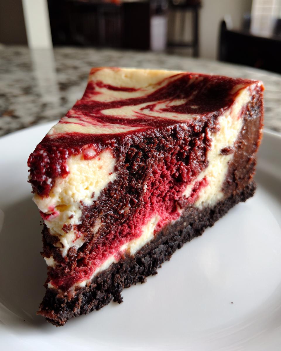 Close-up of a rich slice of red velvet cheesecake featuring deep red cake layers swirled with white cream cheese filling.