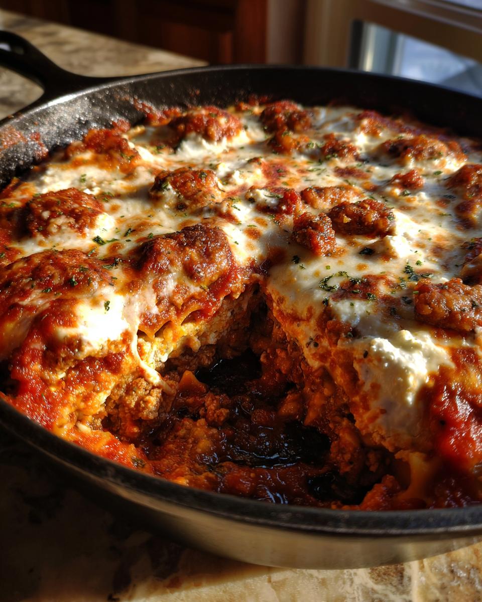 Close-up of bubbling, cheesy skillet lasagna in a black cast iron pan with a serving removed.