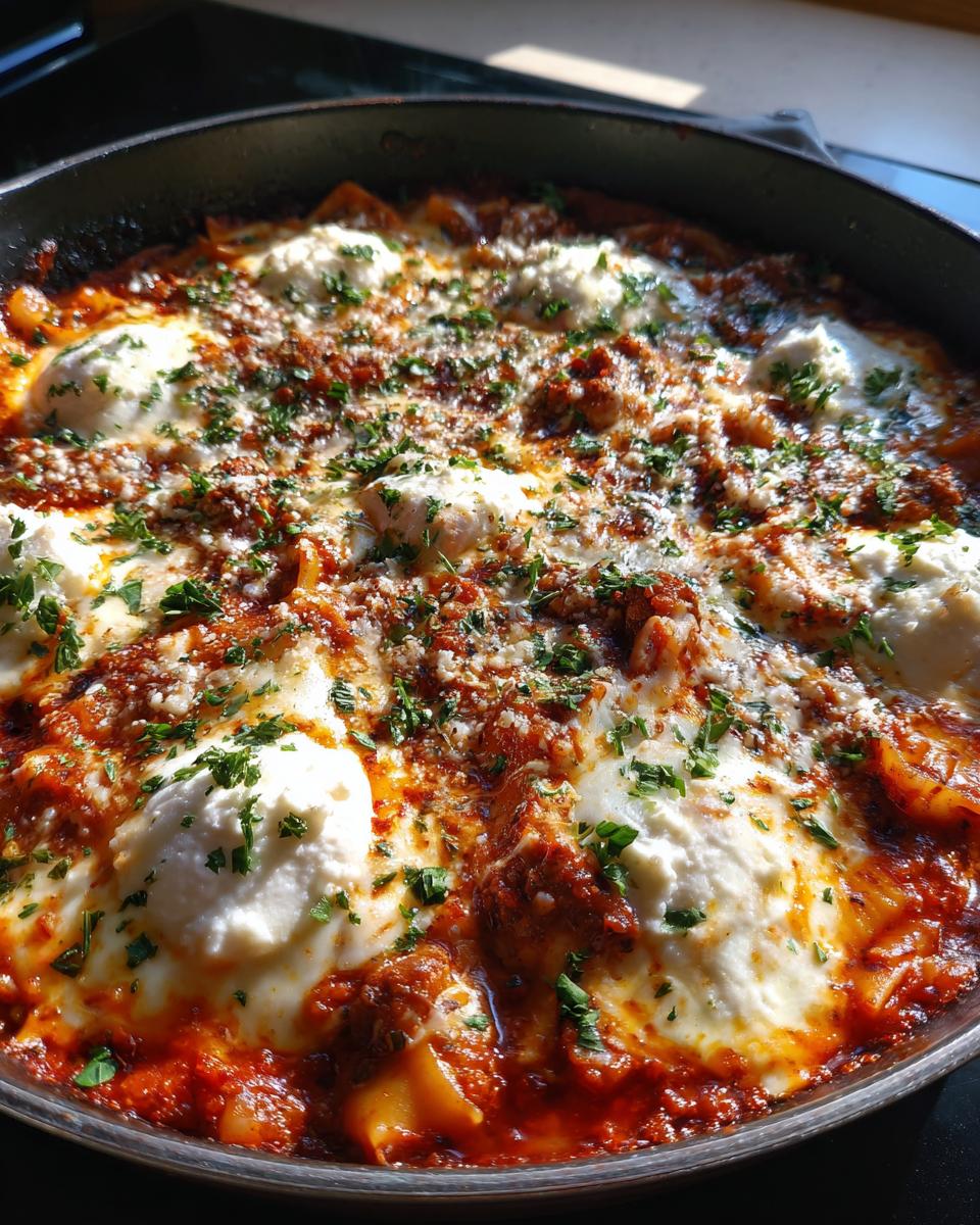 Close-up of bubbling, cheesy skillet lasagna topped with dollops of ricotta and fresh parsley in a dark pan.