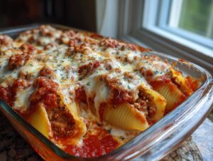 Close-up of baked stuffed shells covered in rich tomato sauce and melted mozzarella cheese.