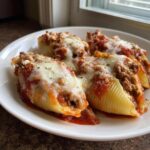 Four baked stuffed shells generously filled with meat and topped with melted mozzarella cheese and marinara sauce.