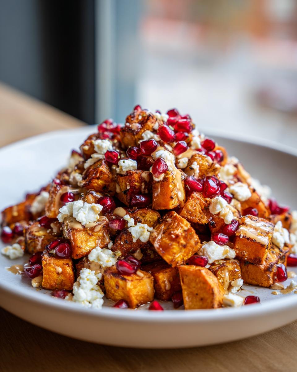 A mound of roasted sweet potato cubes topped with feta cheese, pomegranate seeds, and a drizzle for this amazing sweet potato salad.