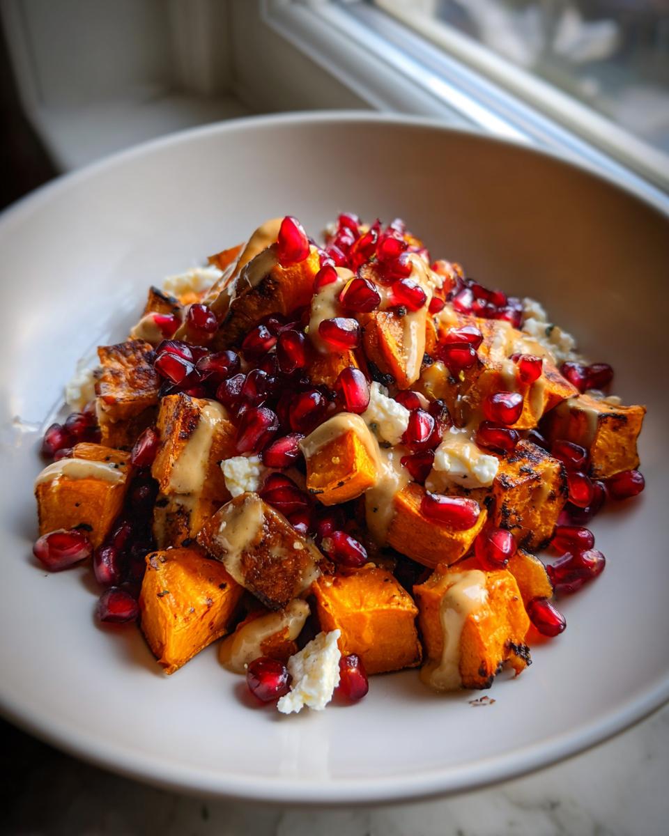 Close-up of a vibrant sweet potato salad featuring roasted orange cubes, bright red pomegranate seeds, white cheese crumbles, and a creamy dressing.