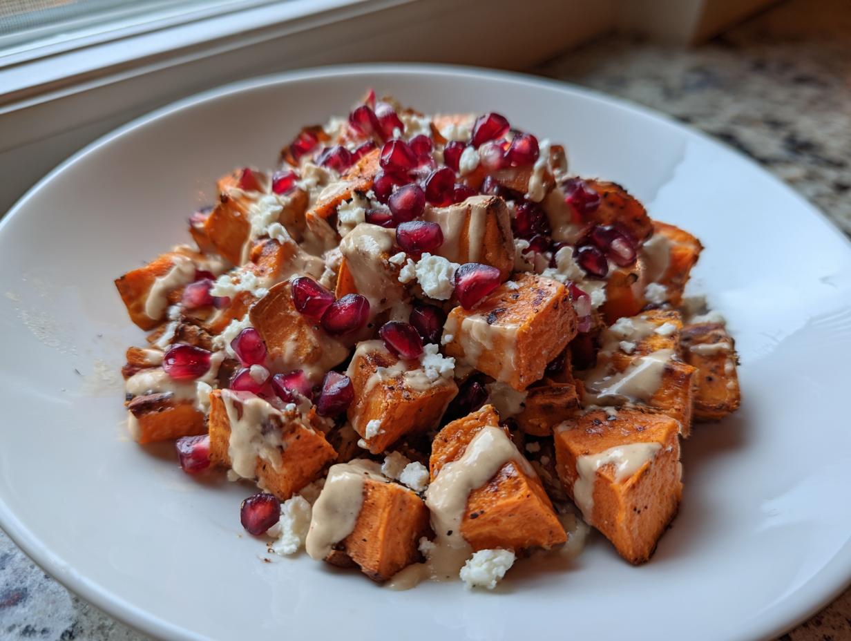 Close-up of roasted cubes in a sweet potato salad topped with pomegranate seeds, feta, and a creamy dressing.