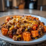 Close-up of a hearty sweet potato skillet featuring ground meat, black beans, corn, and melted cheddar cheese.