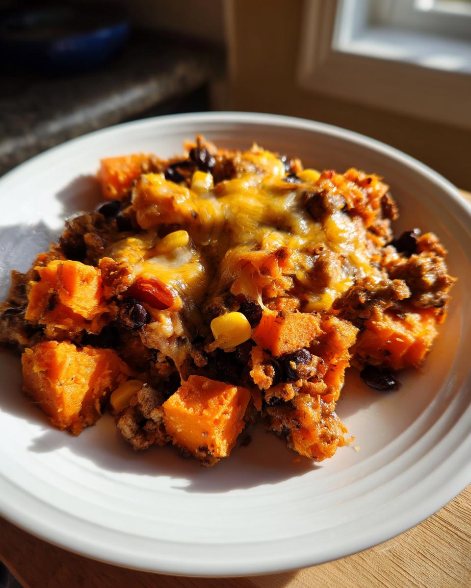 A close-up serving of the amazing 30-minute sweet potato skillet, topped with melted cheese, black beans, and corn.
