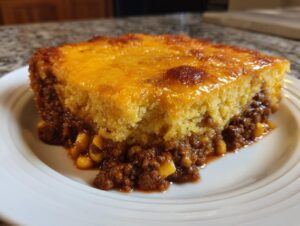 A close-up of a square slice of tamale pie showing a thick cornbread top over a savory ground meat and corn filling.