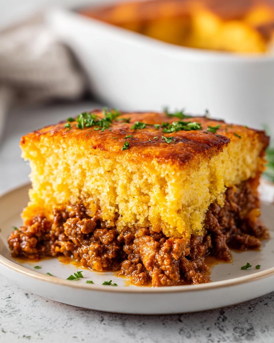 A close-up of a hearty slice of tamale pie showing a thick layer of seasoned ground meat topped with golden cornbread, garnished with parsley.