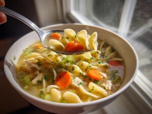 A spoonful of amazing turkey noodle soup, featuring egg noodles, carrots, and celery, lifted from a white bowl.