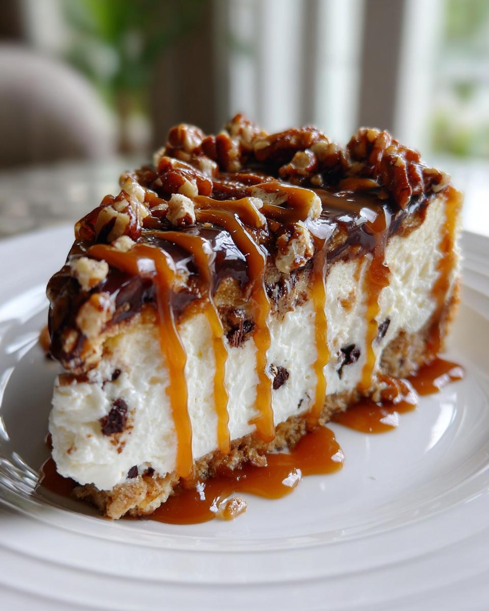 A decadent slice of turtle cheesecake topped with pecans, chocolate, and dripping caramel sauce.