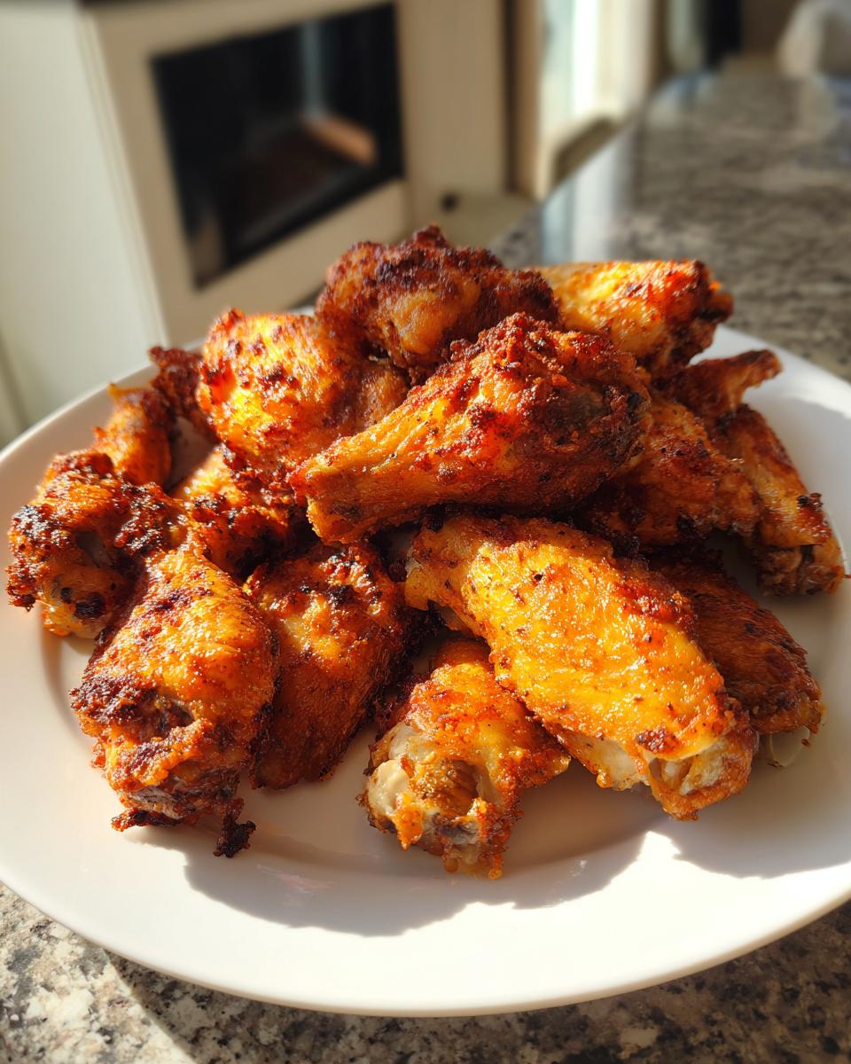 A pile of golden brown, crispy chicken wings seasoned with spices, served on a white plate.