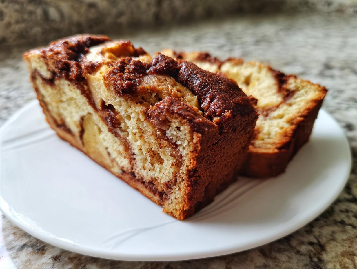Two thick slices of moist apple bread featuring a prominent cinnamon swirl, served on a white plate.