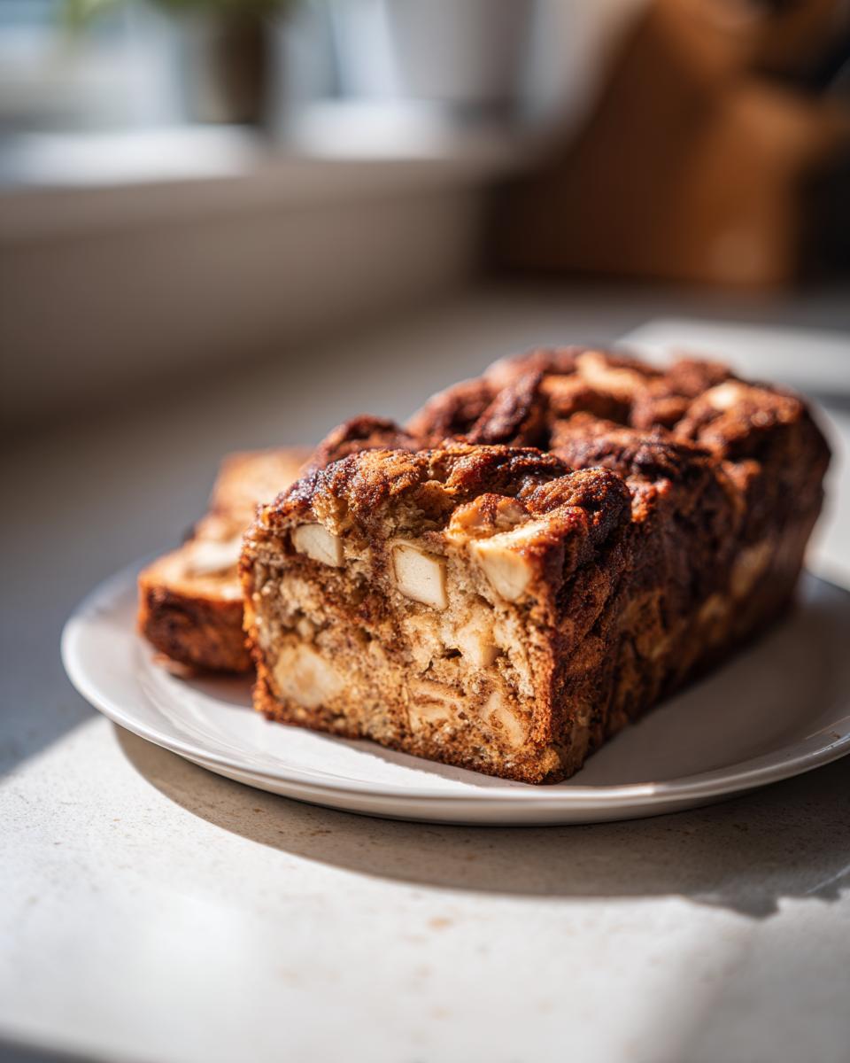 A thick slice of moist apple bread, studded with visible apple chunks, sitting on a white plate.