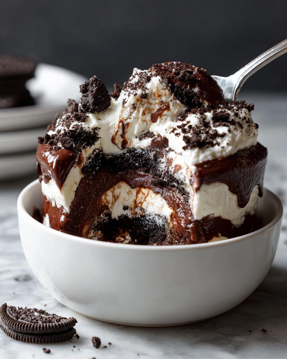 A spoonful being taken from a rich Baileys Chocolate Cheesecake Trifle layered with cream, chocolate, and cookie crumbs.