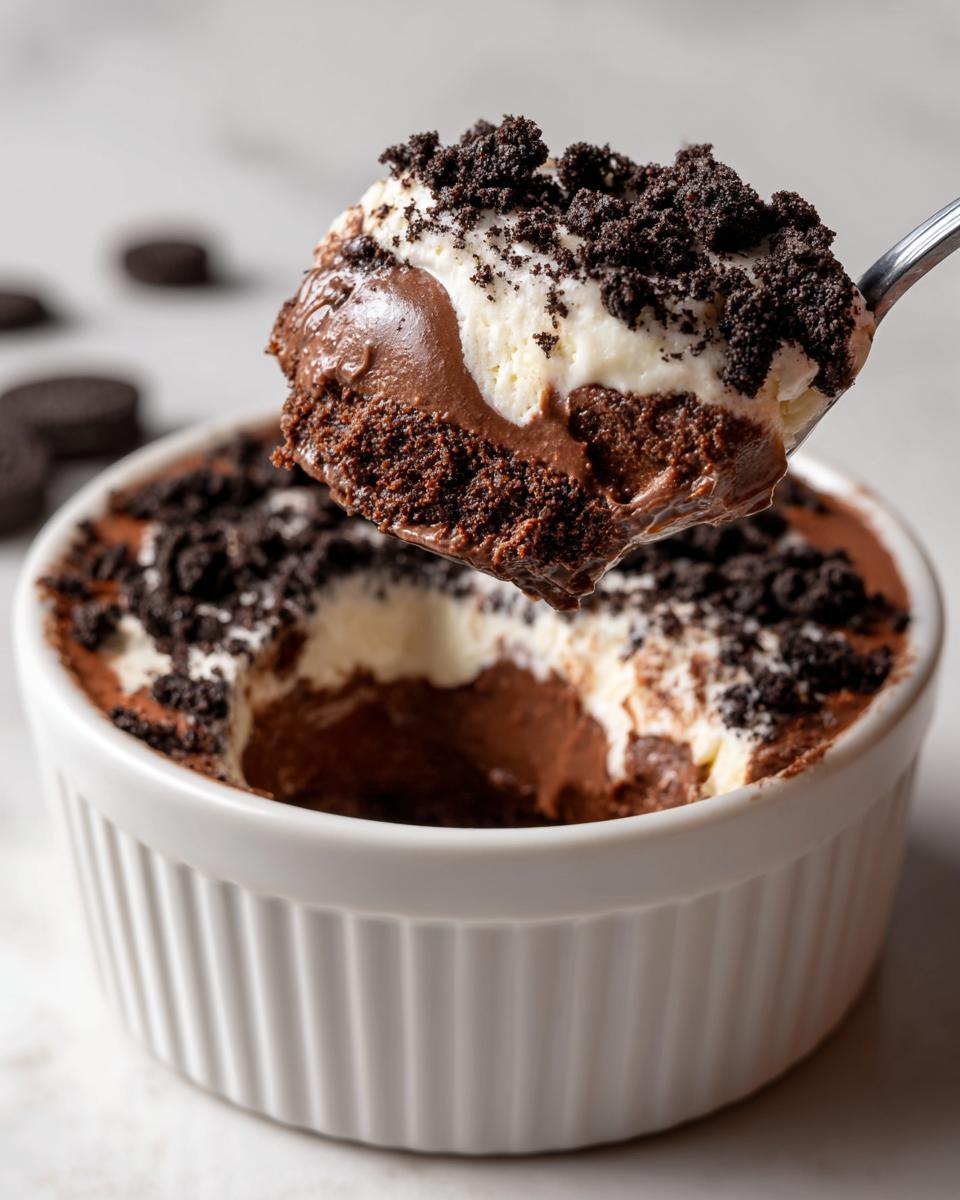 A spoonful of Baileys Chocolate Cheesecake Trifle showing chocolate mousse, cream, and cookie crumbs being lifted from a white ramekin.