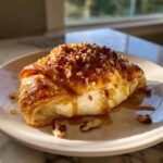 A close-up of baked brie in puff pastry, oozing melted cheese topped with honey glaze and chopped pecans.