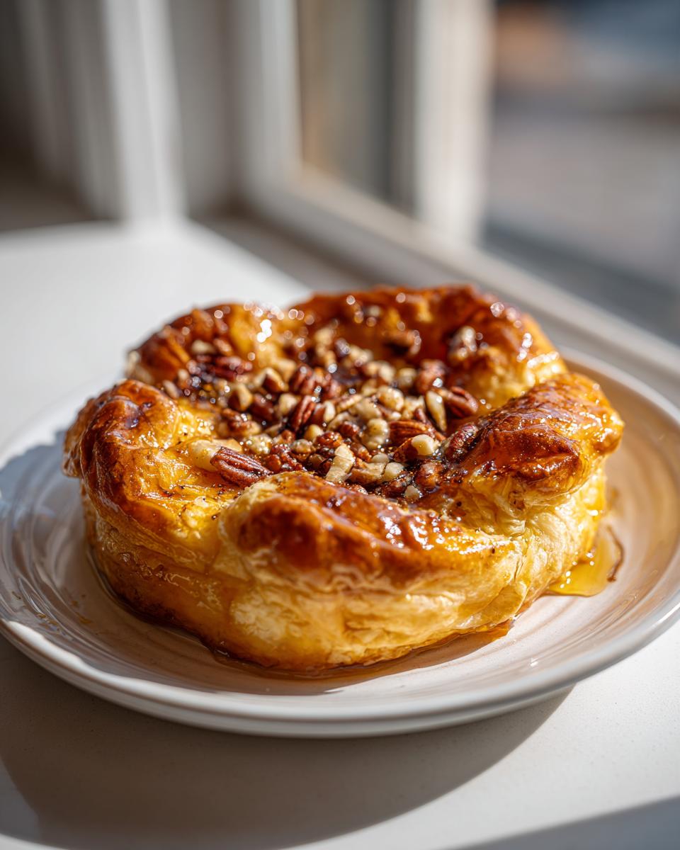 Golden brown baked brie in puff pastry topped with glazed pecans, served on a white plate.