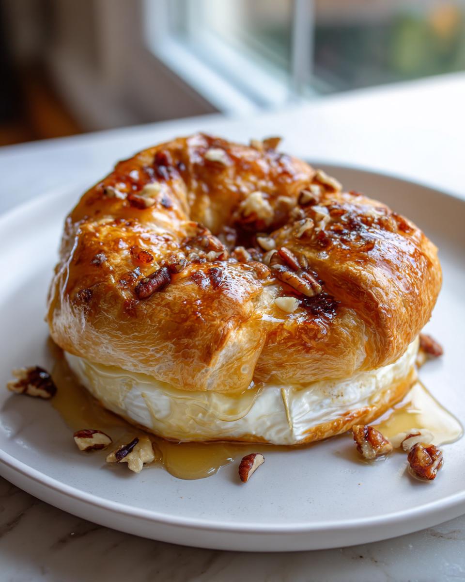 A golden brown baked brie in puff pastry topped with honey and chopped pecans.