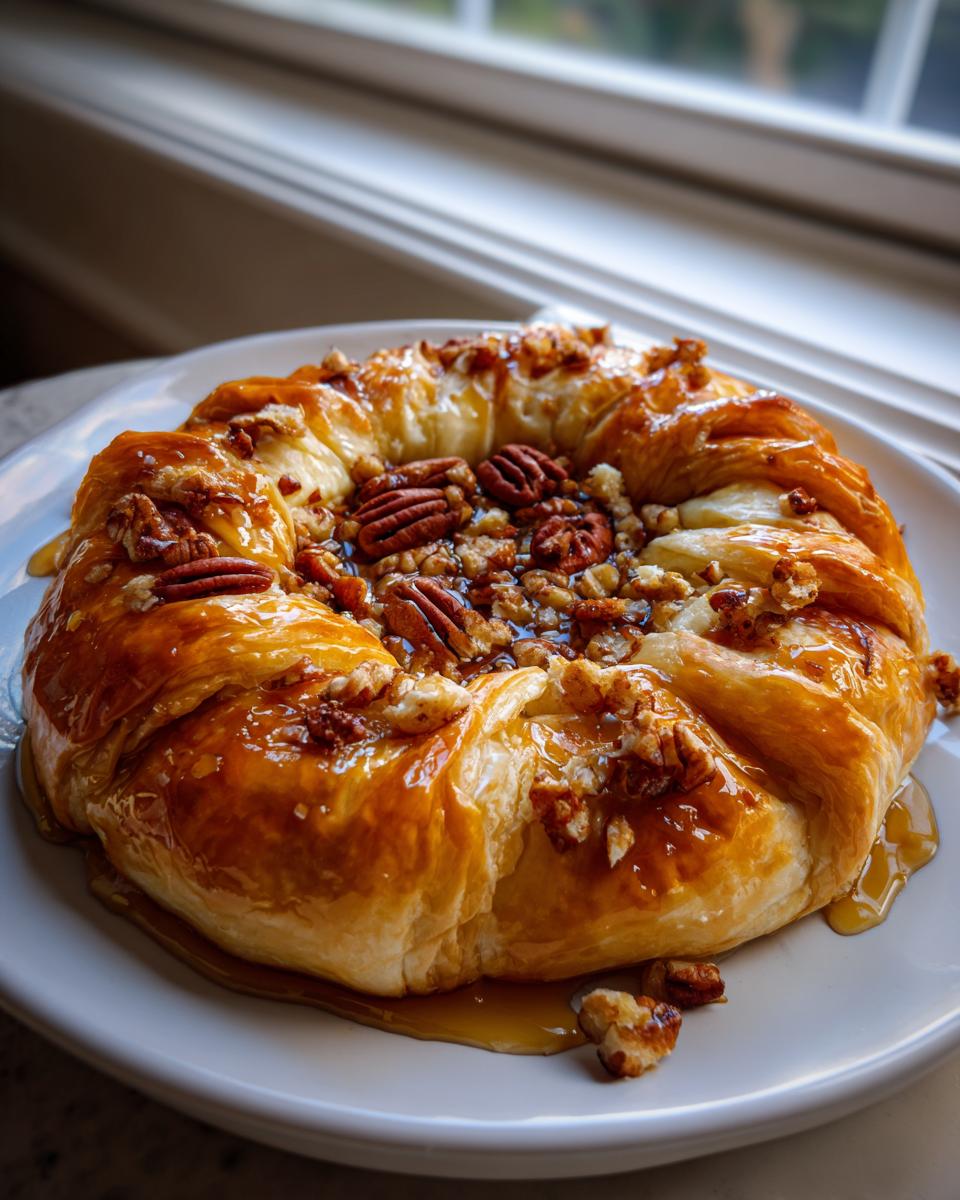 A golden brown baked brie in puff pastry, topped with glazed pecans and drizzled with syrup.