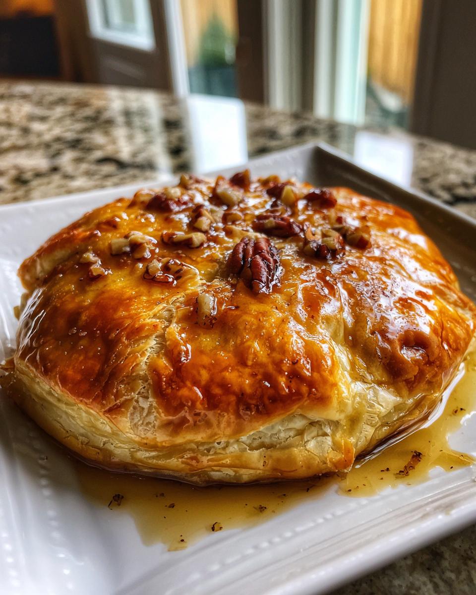 A golden brown baked brie in puff pastry topped with honey glaze and chopped pecans.