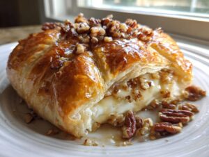 A golden brown baked brie in puff pastry, oozing warm cheese and topped with glazed pecans.
