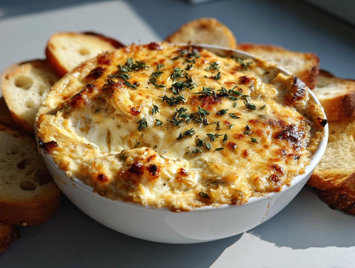 Close-up of a hot, baked caramelized onion dip topped with melted cheese and fresh thyme, served with toasted baguette slices.