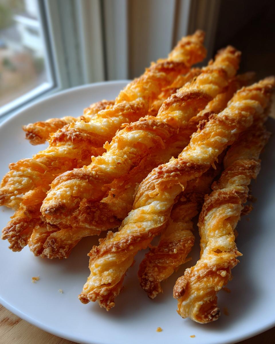 A pile of freshly baked, golden brown, flaky cheese straws recipe twists served on a white plate near a window.