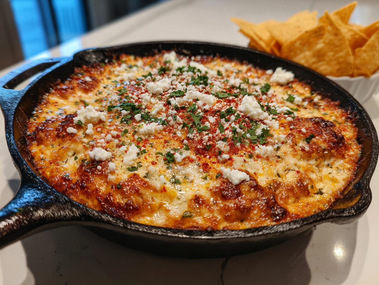 A bubbling, cheesy baked elote dip topped with cotija cheese and cilantro served hot in a cast iron skillet with tortilla chips nearby.