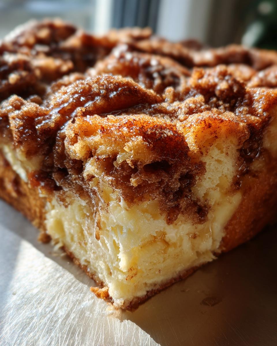 A close-up view of a moist slice of baked french toast casserole with a thick, sugary cinnamon streusel topping.