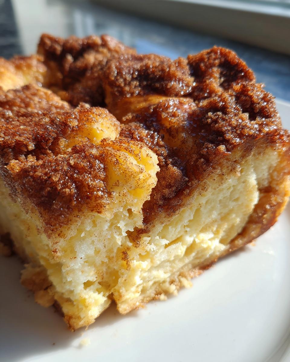 A close-up of a square serving of baked french toast with a thick, sugary cinnamon crumble topping.