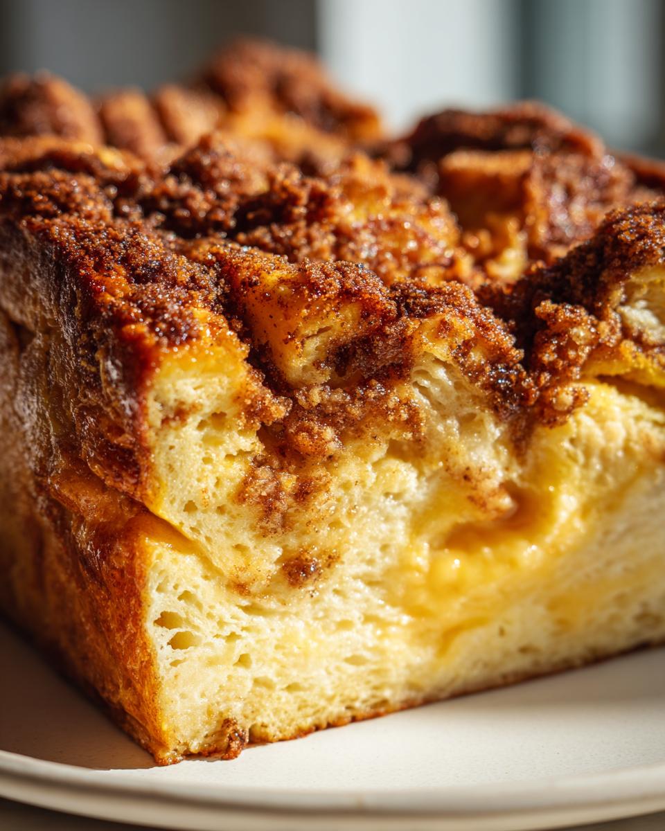 A close-up view of a thick slice of baked french toast featuring a rich, golden interior and a thick, sugary cinnamon crumble topping.