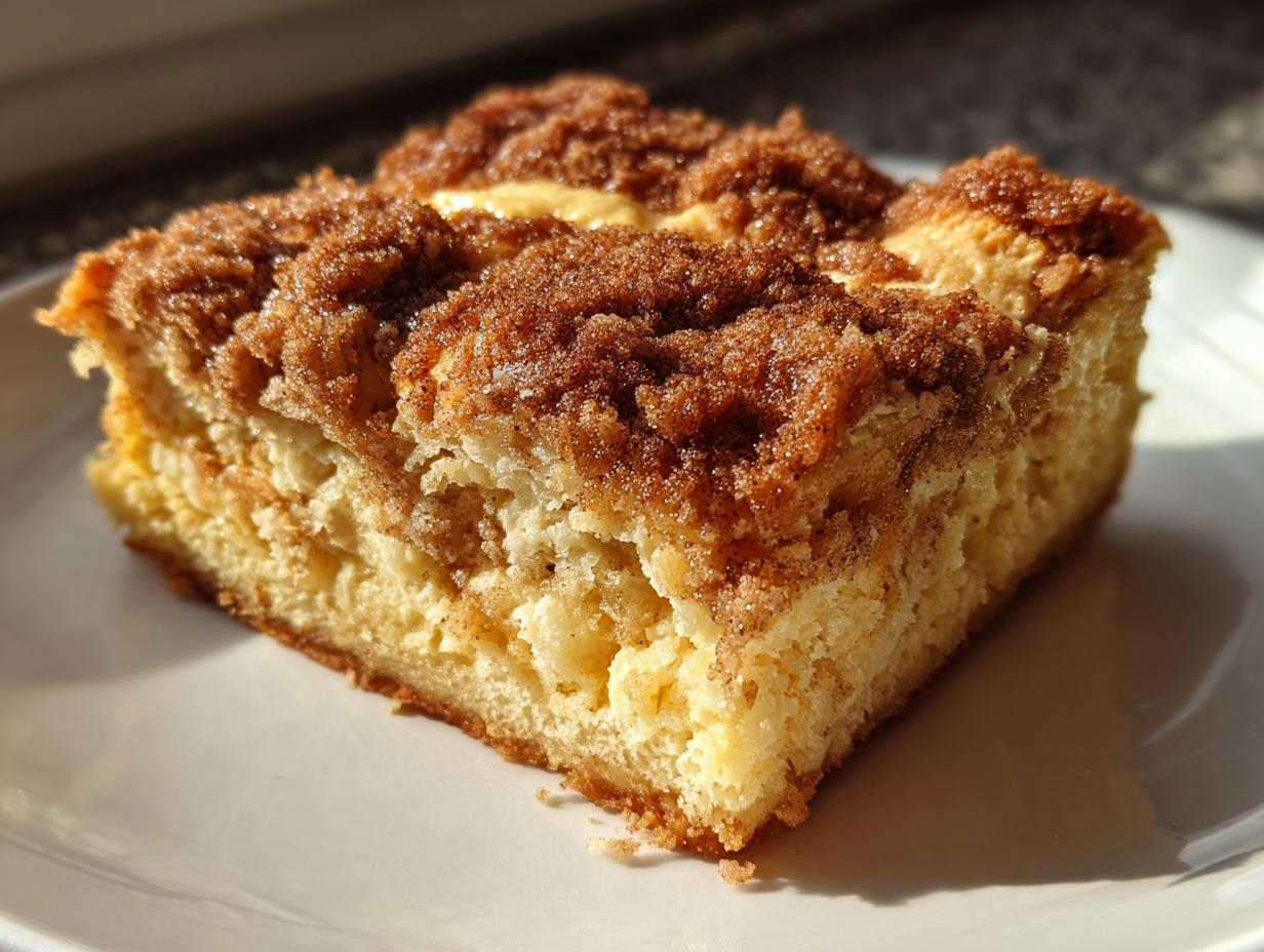 A close-up of a square slice of baked french toast topped with thick, sugary cinnamon streusel.