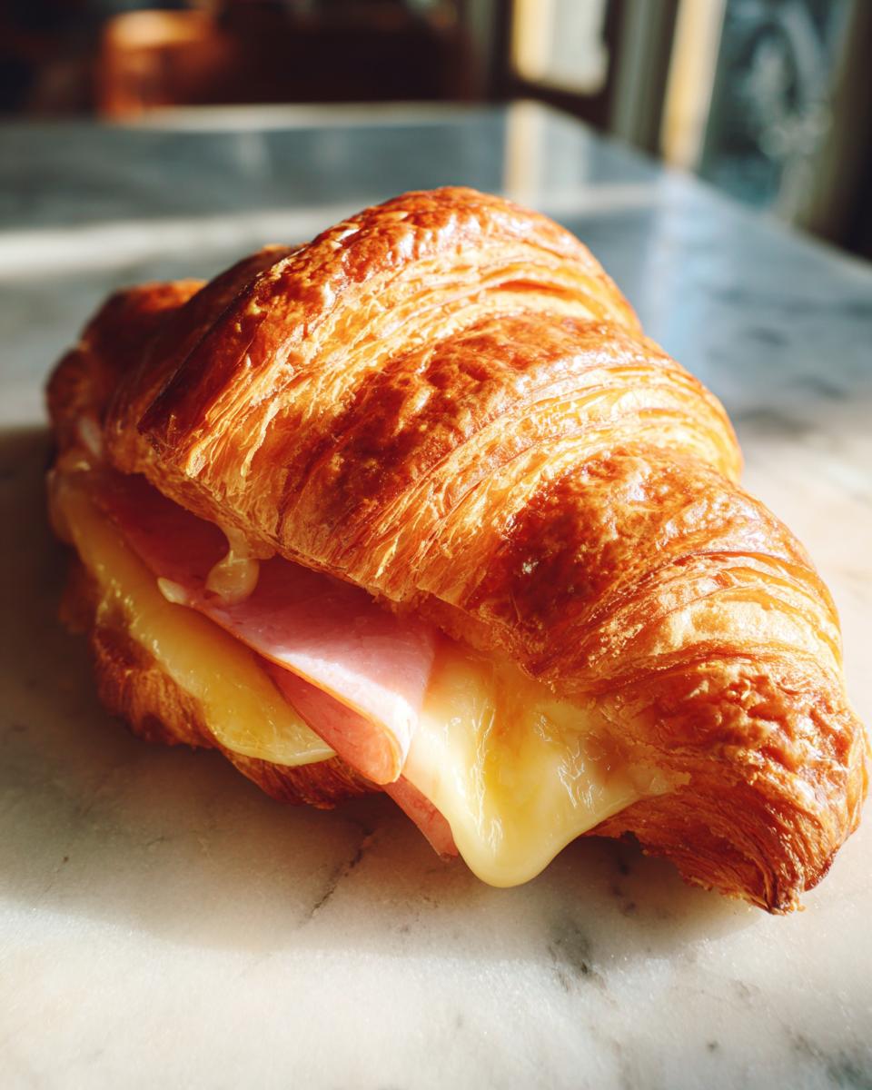 A close-up of a freshly baked ham and cheese croissant with melted cheese oozing out.