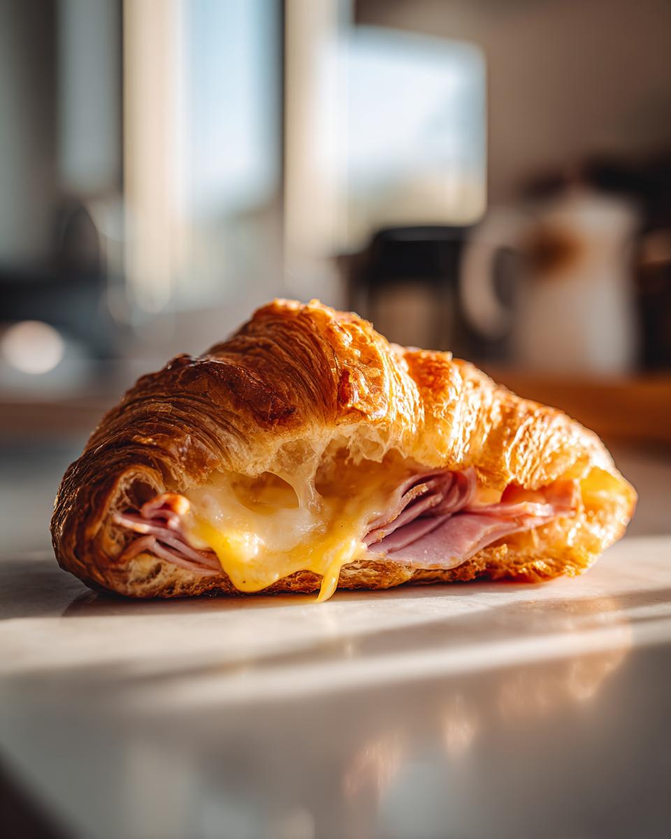 Close-up of a golden baked ham and cheese croissant with melted cheese oozing out.