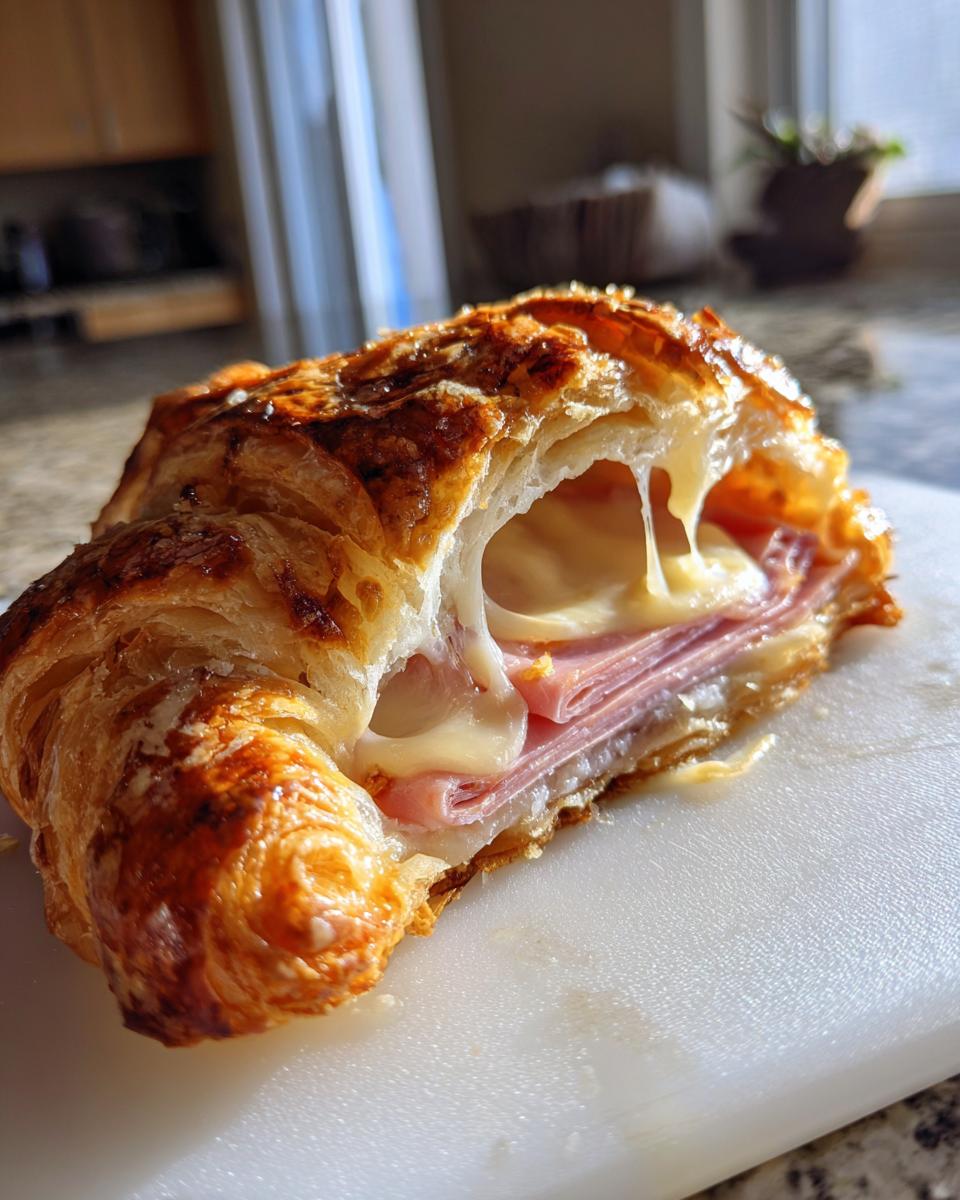 Close-up of a baked ham and cheese croissant cut open showing melted cheese stretching between layers of ham.