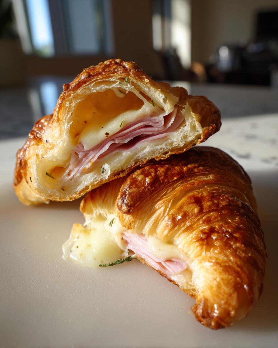 Close-up of baked ham and cheese croissants cut in half, showing melted cheese and layers of ham inside flaky pastry.