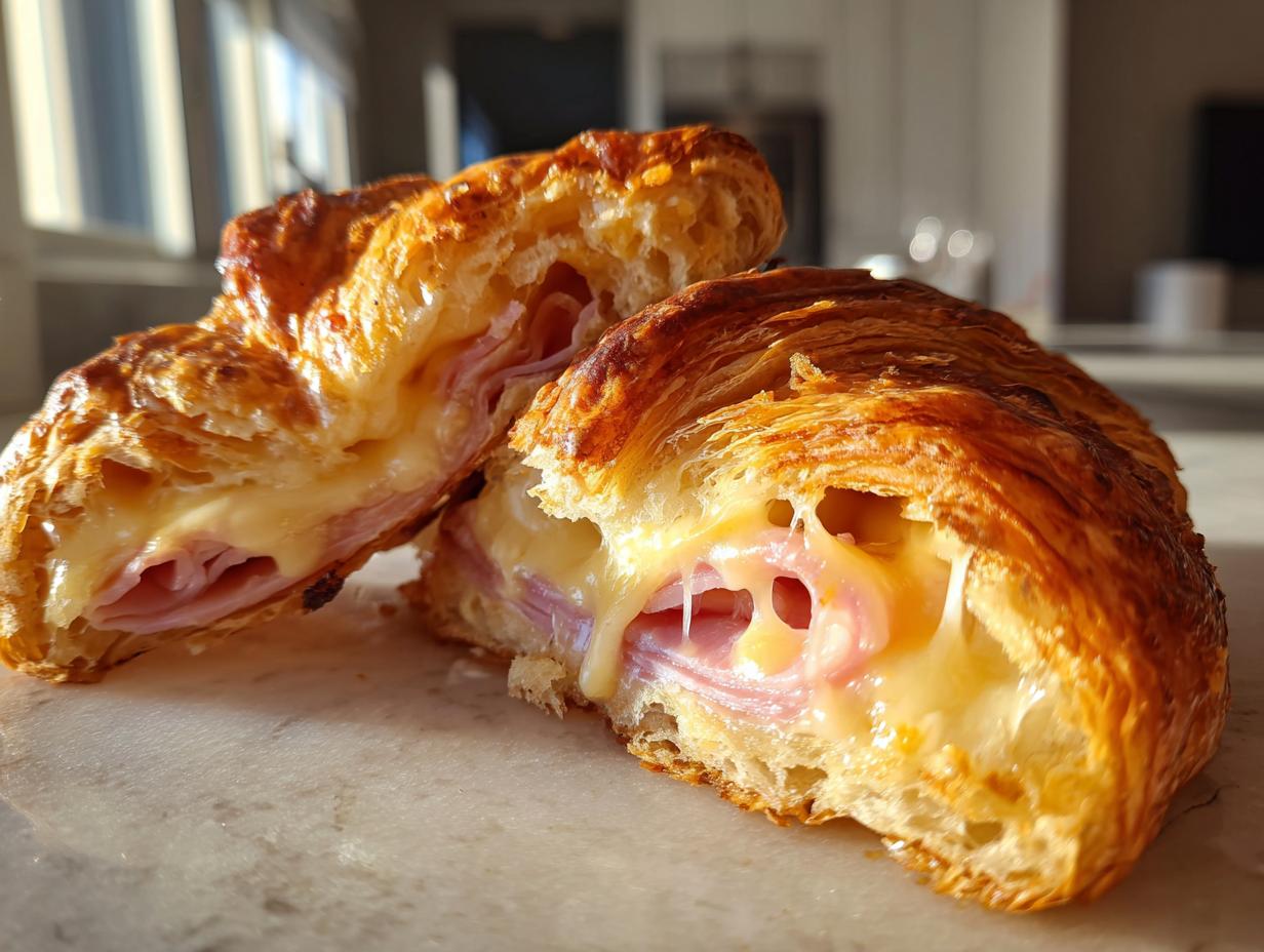 Close-up of a baked ham and cheese croissant cut in half, showing melted cheese oozing over ham layers.